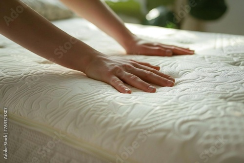 Hand pressing memory foam mattress for sleep test concept
