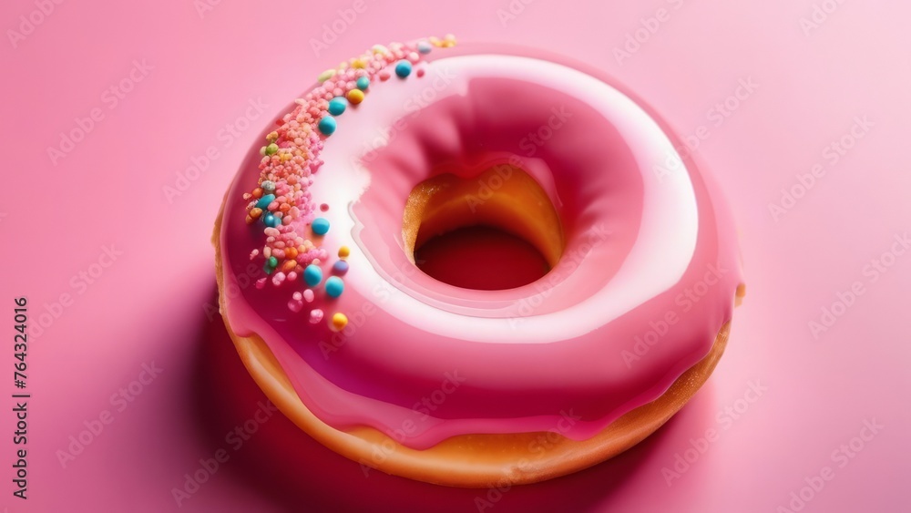 Colorful donut covered in sprinkles, set against vibrant pink background. For bakery website, dessert advertisement, cafe, restaurant menu, on food blog, social media, culinary book, magazine. banner. Colorful donut covered in sprinkles, set against vibrant pink background. For bakery website, dessert advertisement, cafe, restaurant menu, on food blog, social media, culinary book, magazine. banner.