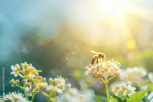 closeup bee on a white flower with a blue sky background, sunny day, natural light