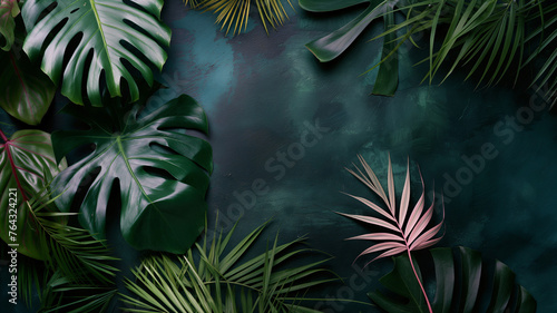 Contrast of Dark Green Tropical Leaves Against Textured Background