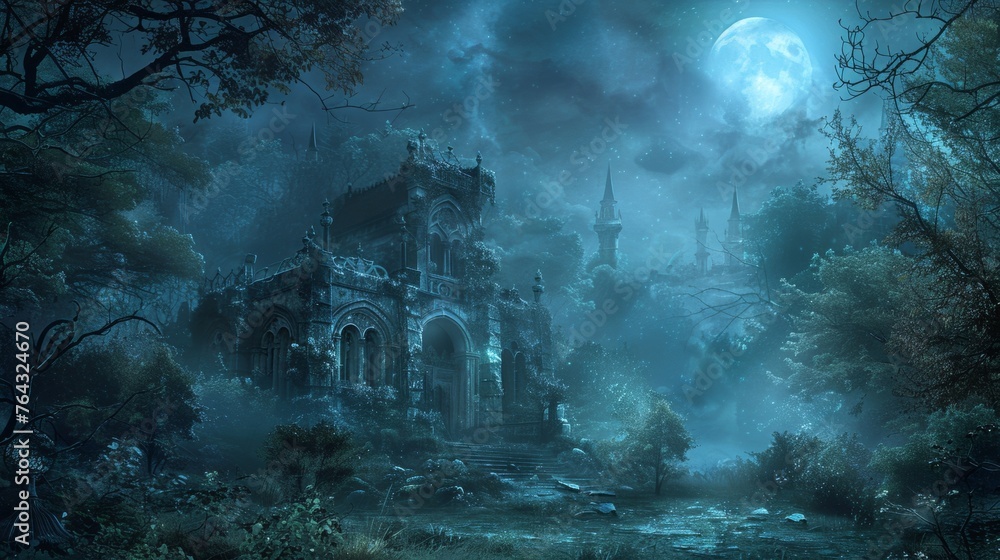 A dark fantasy scene with a castle and trees in the background, AI