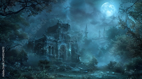 A dark fantasy scene with a castle and trees in the background  AI