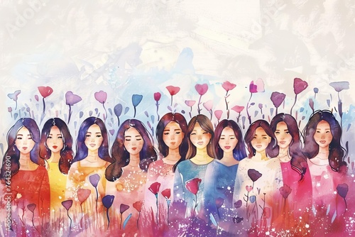 Happy women group for International Women's Day, watercolor style illustration
