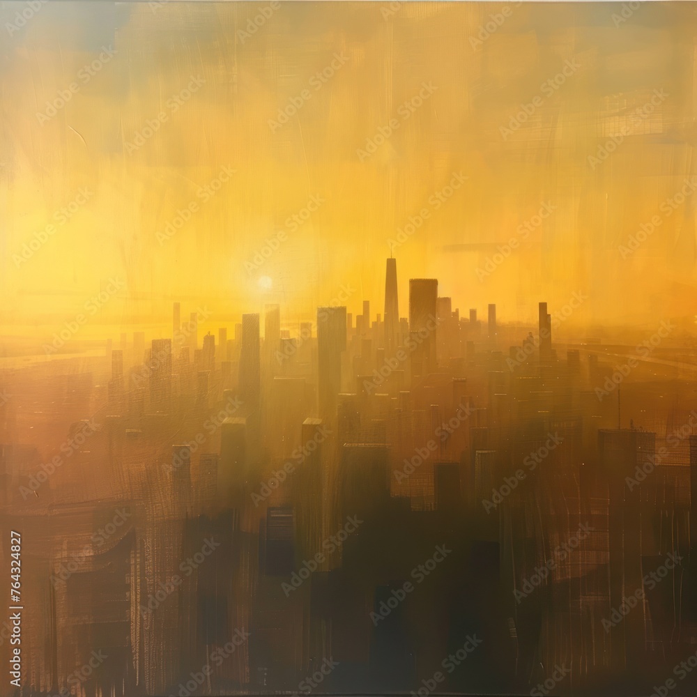 Sunset over the skyline city bathed in golden light