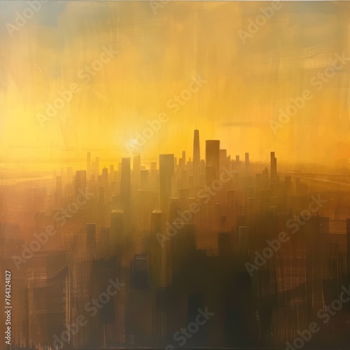 Sunset over the skyline city bathed in golden light