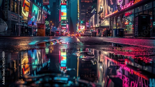 Rain-drenched city streets at night photo