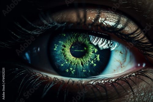 eye with vibrant green iris, futuristic artwork, macro, close up, green, blue color, diversity