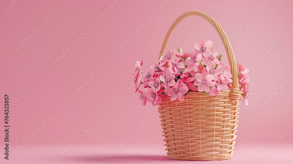 a basket filled with pink flowers sitting on top of a pink surface with a pink wall in the back ground. a basket filled with pink flowers sitting on top of a pink surface with a pink wall in the back ground.