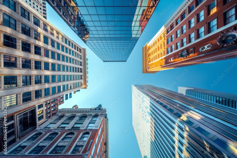 photo of cityscape with modern skyscrapers and historic buildings, looking up from the ground level in Boston's financial district Generative AI