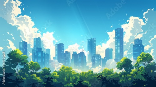 A painting of a city with trees and clouds in the background, AI