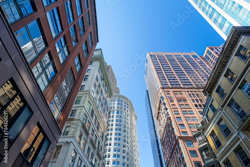 In the heart of Boston's financial district, towering skyscrapers stand tall against the clear blue sky Generative AI