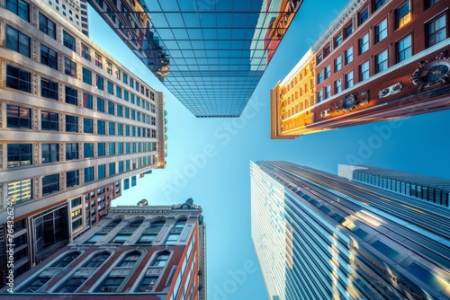 photo of cityscape with modern skyscrapers and historic buildings  looking up from the ground level in Boston s financial district Generative AI
