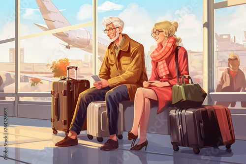 Travel concept image for seniors. Senior couples, friends, suitcases, vacations and holidays.