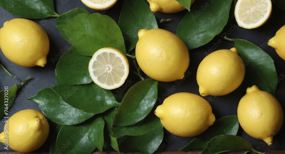 Fresh lemons with green leaves on dark. Food background. Top view