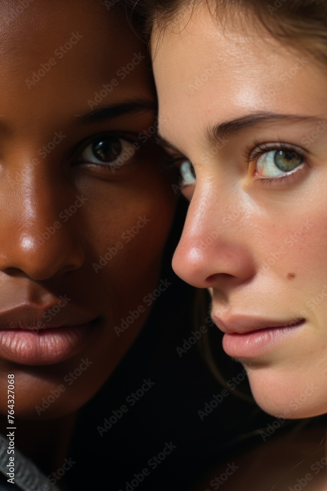 Vertical portrait of two multiracial friends. They press face to face. Generative AI. Vertical portrait of two multiracial friends. They press face to face. Generative AI.
