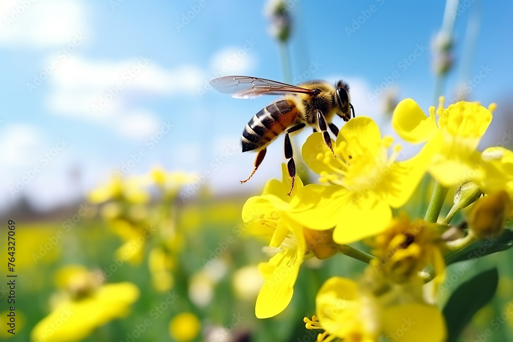 closeup bee on a yellow flower with a blue sky background, sunny day, natural light closeup bee on a yellow flower with a blue sky background, sunny day, natural light