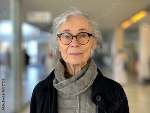 An older woman with glasses and a scarf standing in a hallway. Generative AI.