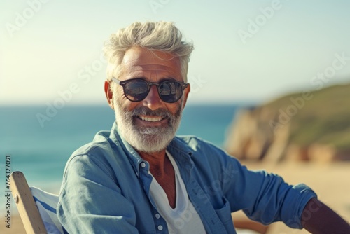 An elderly man enjoys a peaceful day sitting in a chair on the seashore. Generative AI. © Budjak Studio
