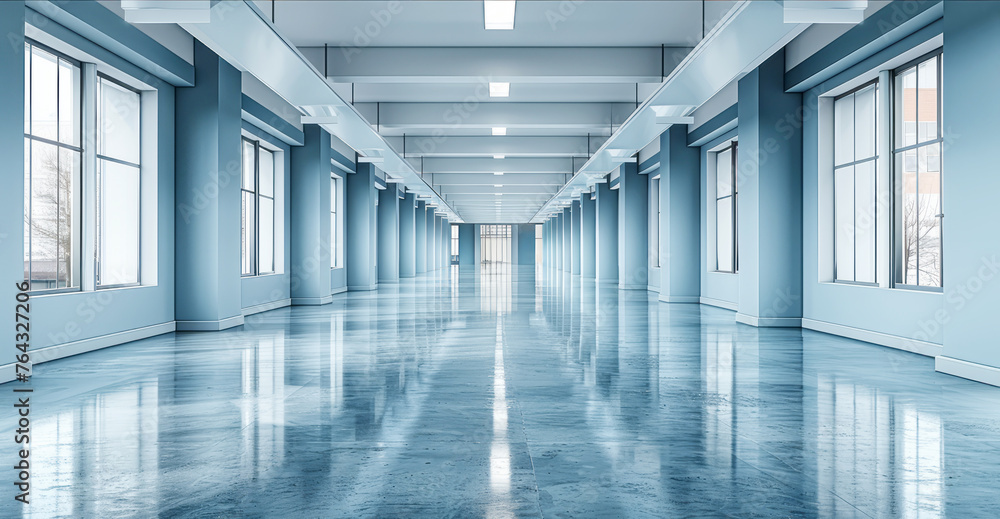 An empty corridor in a modern clinic, a clean and bright hospital interior, ideal for a healthcare services concept