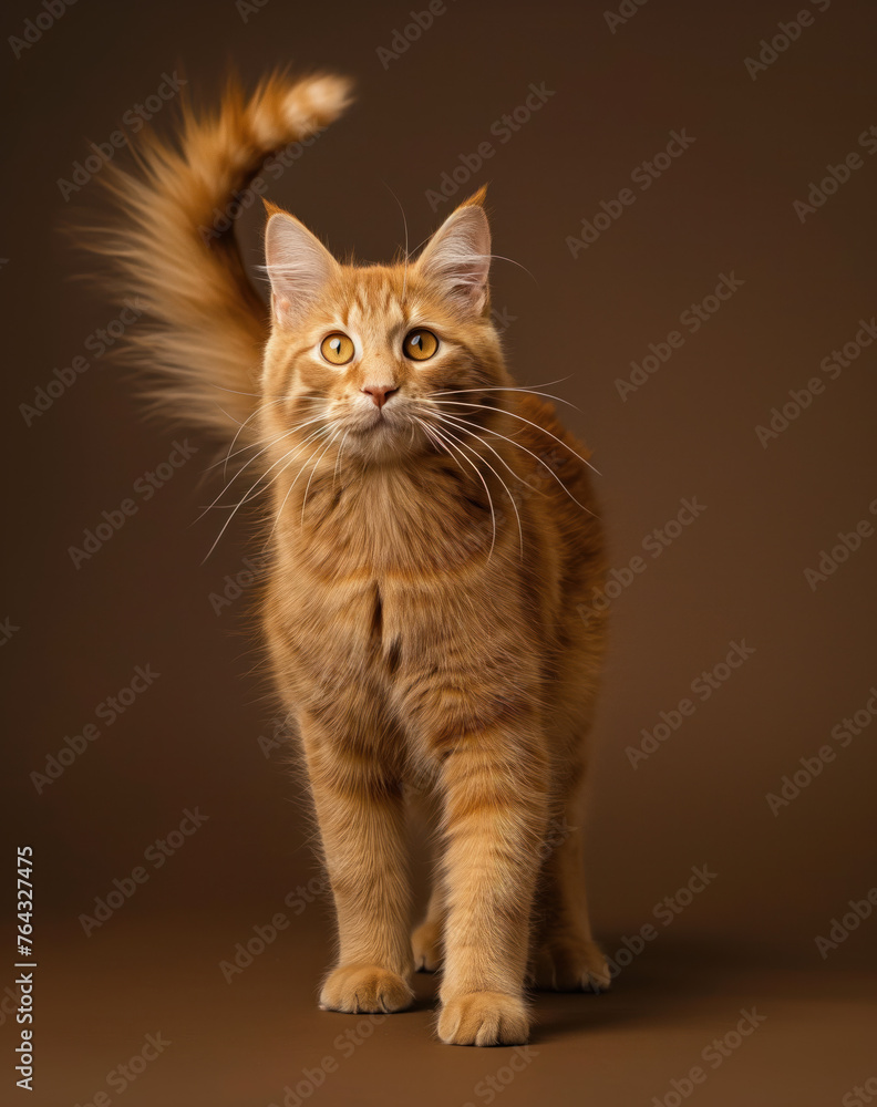 Studio portrait of tabby cat standing on back two legs with paws up against brown isolated background.	