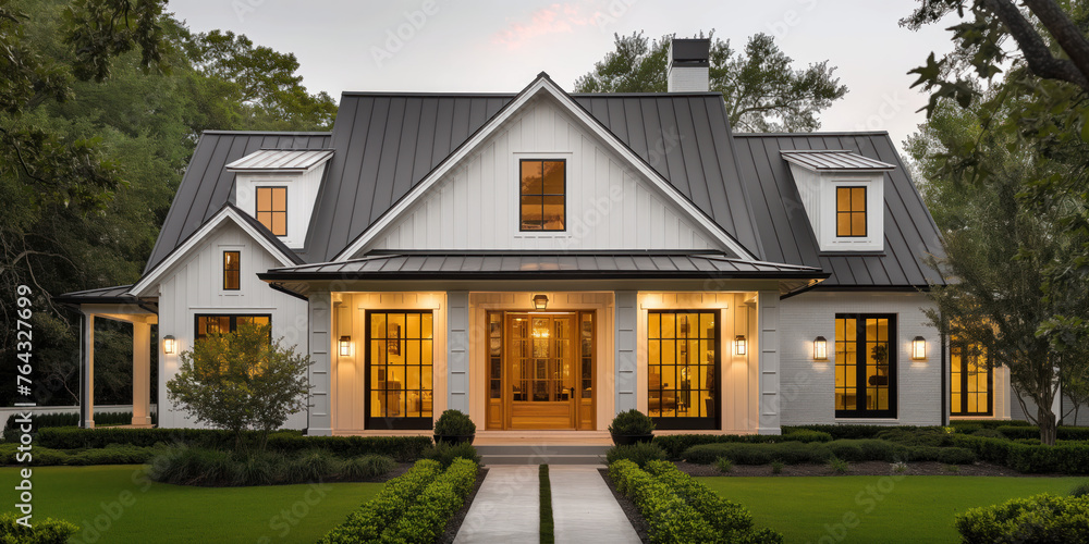 Naklejka premium Beautiful new home exterior car garage and covered porch/