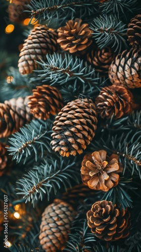 A close up of a pine tree with lots of cones. Generative AI.