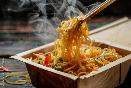 Steaming Asian Noodles in Takeout Box