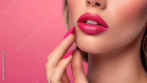 Beautiful woman applying lipstick. Clouse up beauty shot.