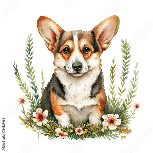 cute corgi with flower wreath vector illustration in watercolour style