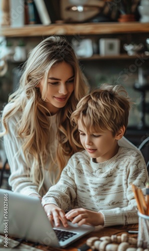 A woman and boy looking at a laptop together. Generative AI.