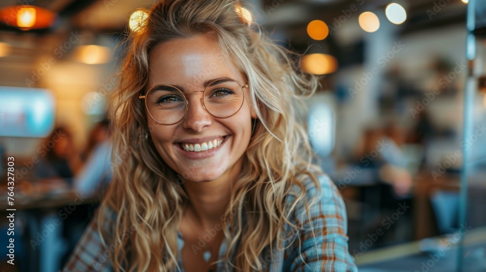 A woman with glasses smiling at the camera in a cozy restaurant. Generative AI. A woman with glasses smiling at the camera in a cozy restaurant. Generative AI.