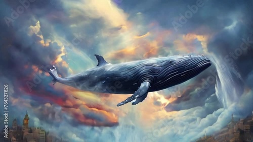 An unearthly scene where a huge whale swims through the clouds above a sleeping city, depicting the border between reality and dreams. photo
