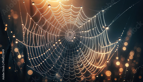 Macro shot of dew drops glistening on a spider web at dawn