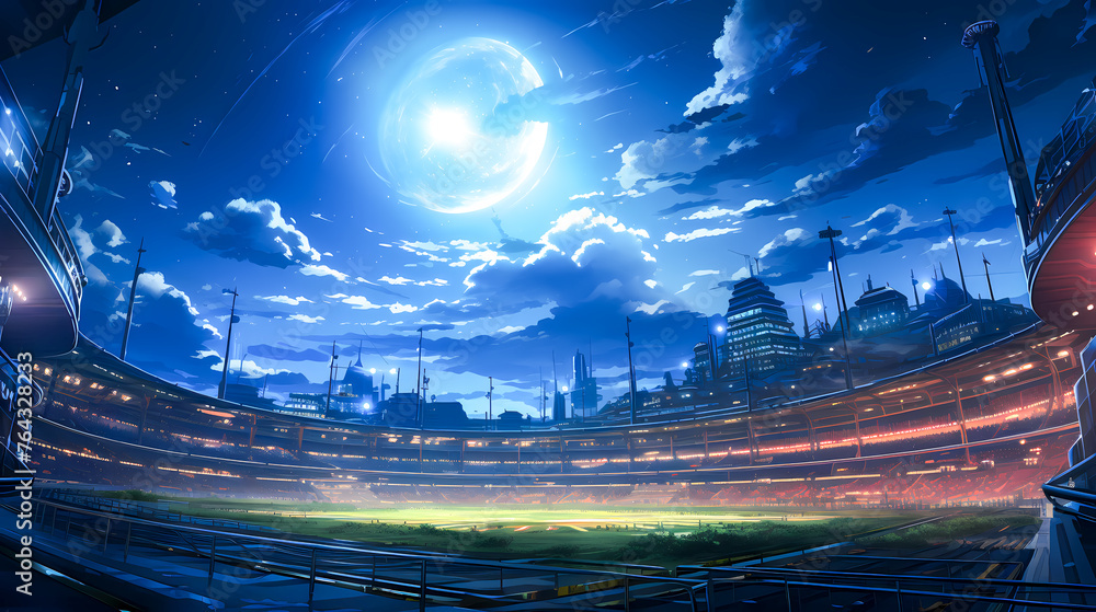 Stadium scene at night, under a Luminous Moon illustration background - obrazy, fototapety, plakaty 