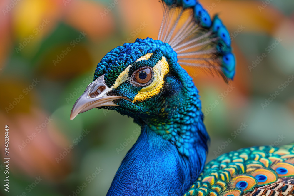 Obraz premium A close-up photograph of a peacock's iridescent plumage, showcasing an array of jewel-toned colors in nature's intricate design. Concept of vibrant peacock coloration. Generative Ai.