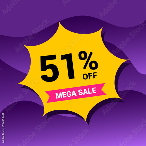 51% sale badge vector illustration on a purple gradient background. Fifty one percent price tag. Yellow and purple.