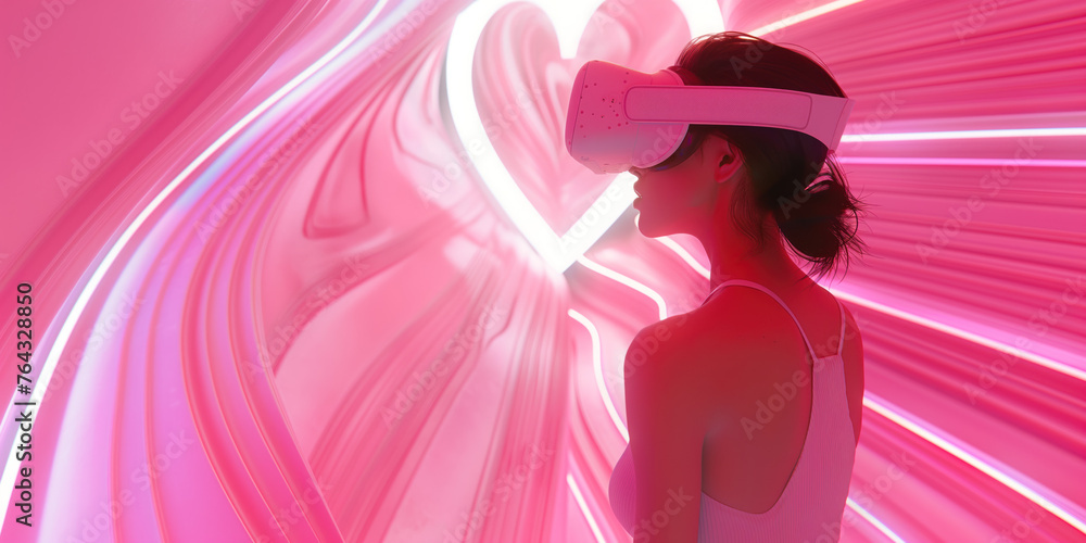 Woman with VR glasses in a pink room. Heart shape is in the back ground. Virtual sex concept. Woman with VR glasses in a pink room. Heart shape is in the back ground. Virtual sex concept.
