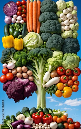 Variety of vegetables in shape of tree. Flat lay