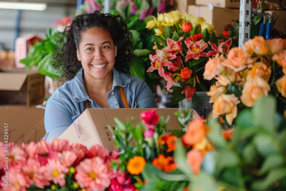 A smiling female employee unpacks boxes among various flower bouquets in a florist's shop, exuding a welcoming air