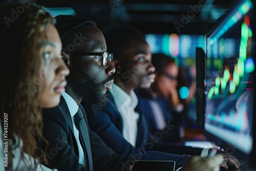Dynamic image of stock market traders analyzing financial data on multiple screens, depicting focus, strategy, and the fast-paced finance world