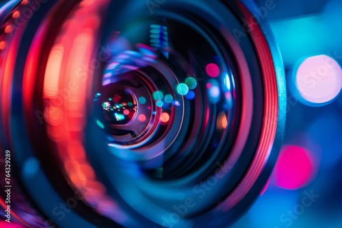 Dynamic image of a camera lens with radiant light reflections symbolizing creativity and technology photo