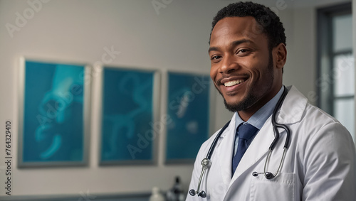 Portrait of a happy African American male doctor in a clinic