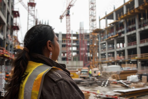 An authoritative forewoman, back turned, observes an extensive construction zone with cranes and steel structures, embodying authority and oversight photo