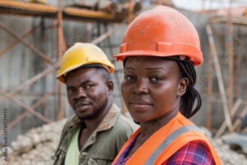 African male and female construction workers in safety gear at a construction site