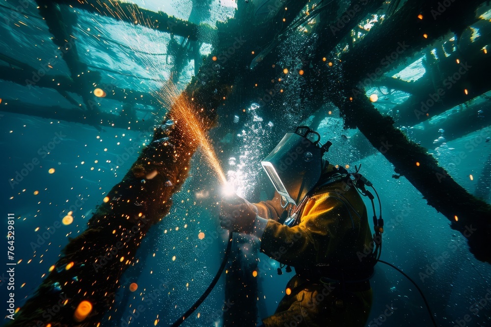Naklejka premium Commercial diver using welding torch under water surrounded by beautiful oceanic environment and artificial light