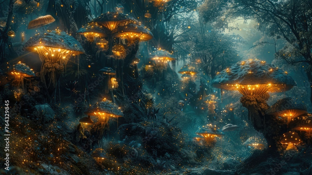 Bioluminescent Fungi Forest Trail Leading to a Mysterious Wish-Granting Creature