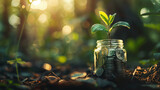 Sapling Growing from Coins in Glass Jar. A young green plant sprouts from a glass jar filled with coins, symbolizing investment and growth, in a sunlit forest setting.