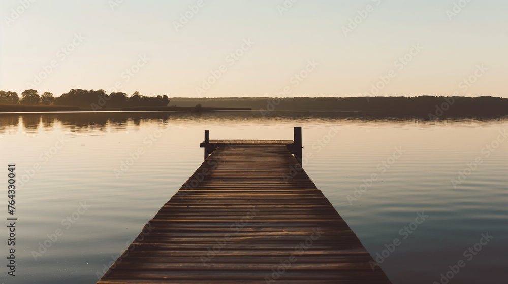 background of lake, wooden pier, boat. The image of loneliness. Cinematographic visuals. - obrazy, fototapety, plakaty 
