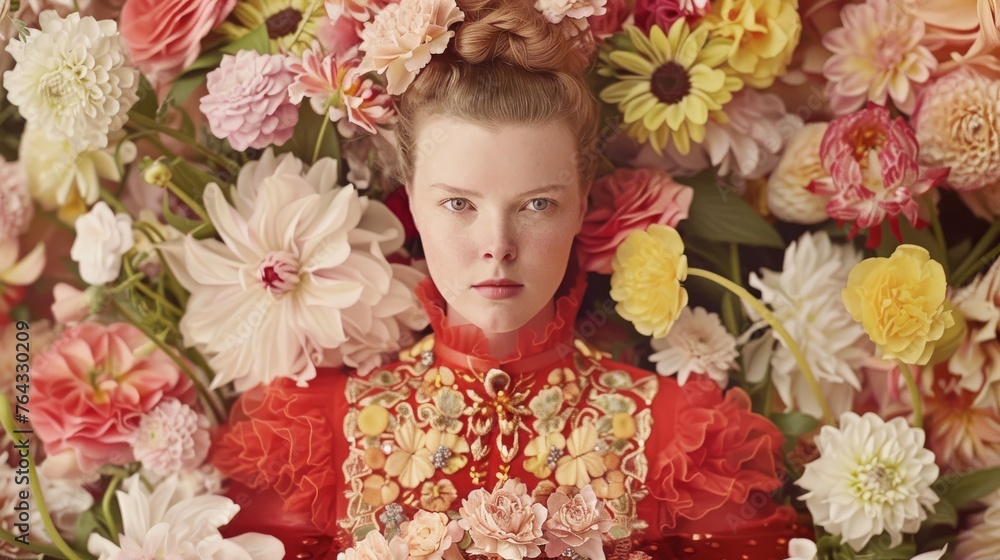 a woman standing in front of a bunch of flowers wearing a red dress and holding a bouquet of flowers in front of her face. a woman standing in front of a bunch of flowers wearing a red dress and holding a bouquet of flowers in front of her face.