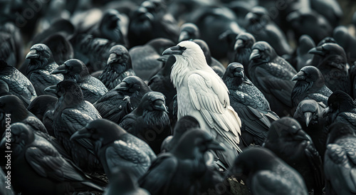 A white raven alone among a crowd of black crows. photo
